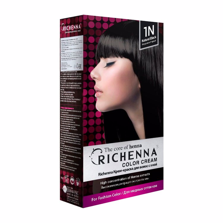 RICHENNA COLOR CREAM (HENNA) 1N #NATURAL BLACK (60ml+60ml), Крем-краска для волос с хной #Натуральный черный (60мл+60мл)