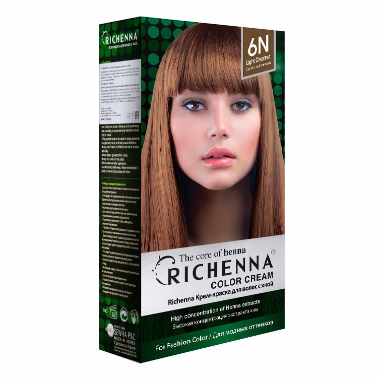 RICHENNA COLOR CREAM (HENNA) 6N #LIGHT CHESTNUT (60ml+60ml), Крем-краска для волос с хной #Светлый каштан (60мл+60мл)