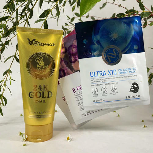 ELIZAVECCA, НАБОР ПЕНКА ДЛЯ УМЫВАНИЯ УЛИТОЧНАЯ 24K GOLD SNAIL CLEANSING FOAM, 180 МЛ И ТКАНЕВЫЕ МАСКИ ENOUGH 3 ШТ