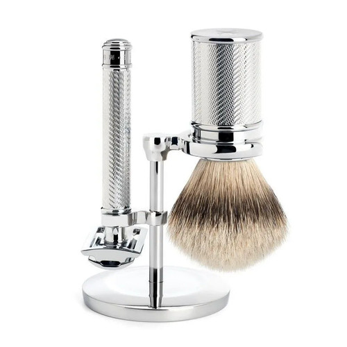 Бритвенный набор MUEHLE TRADITIONAL, хром, барсучий ворс высшей категории Silvertip, Т-образная бритва