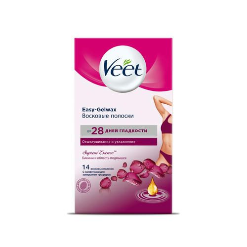 Восковые полоски для депиляции для области бикини и подмышек Veet Supreme Essence с ароматом бархатной розы и эфирными маслами 14шт