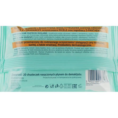 Bielenda Fresh Juice Micelar Make-up Removing Wipes - Влажные салфетки для снятия макияжа "Апельсин", 20шт — изображение 2