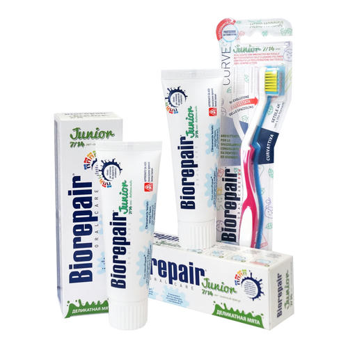 Биорепейр Набор Junior: Детская зубная паста для детей 6-12 лет Biorepair Junior Mint, 75 мл х 2 шт. + Детская зубная щетка для детей 7-14 лет Biorepair CURVE Junior (Biorepair, Детская гамма)