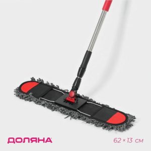 Швабра для мытья пола плоская Доляна, насадка из микрофибры 62x13 см, стальная телескопическая ручка 84-130 см