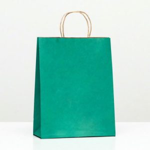 Пакет крафт, зеленый вельвет, с кручеными ручками, 25 х 12 х 27 см - 10 шт.