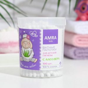 Ватные палочки для детской гигиены Amra с алоэ вера (цилиндр) 100 шт